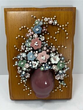 Nail Art Wall Hanging Brutalist Floral Wood Pauline A. Owens 1977 9” Pol-O-Craft